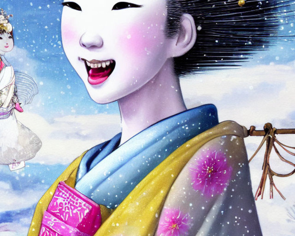 Smiling geisha in winter scene with kimono and hair ornaments