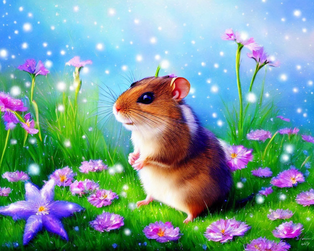 Brown Field Mouse Among Purple Flowers in Pastel Blue Background