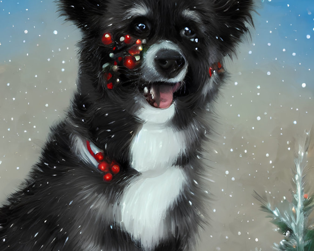 Black and white puppy with holly berries in snowy scene