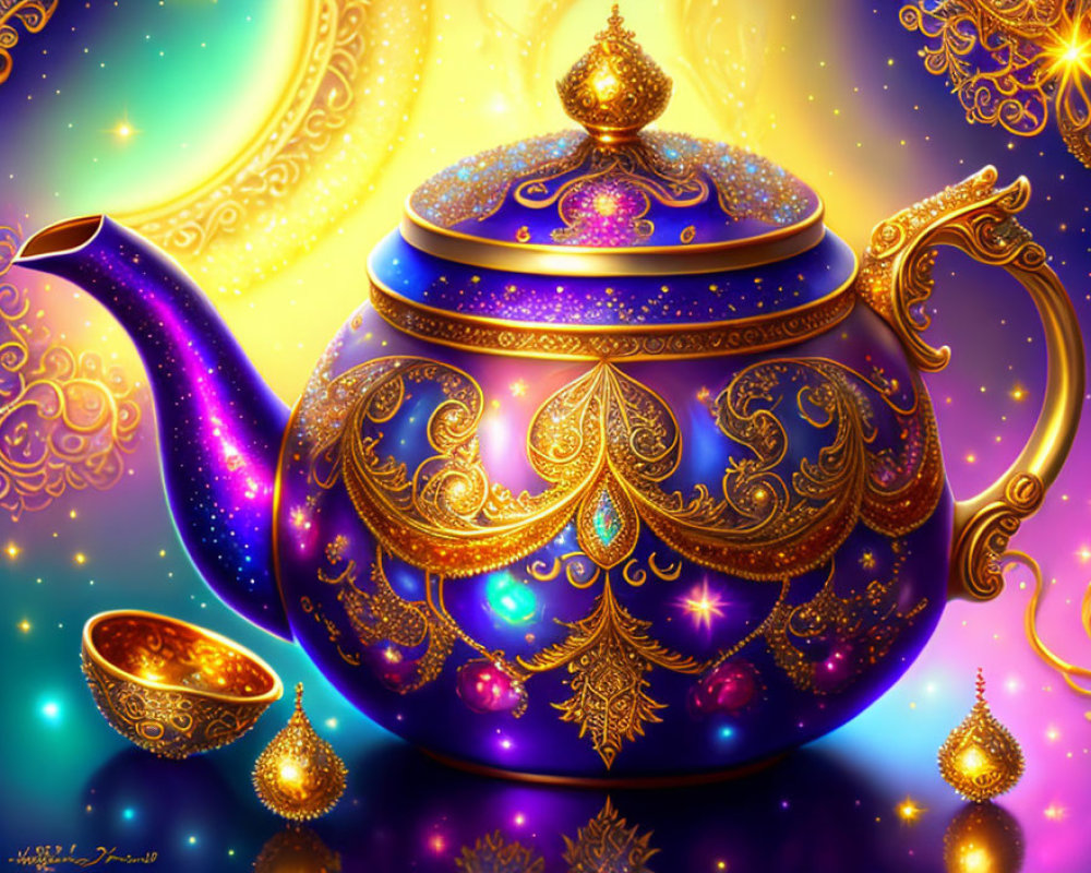 Intricate Golden Designs Teapot and Cup on Colorful Background