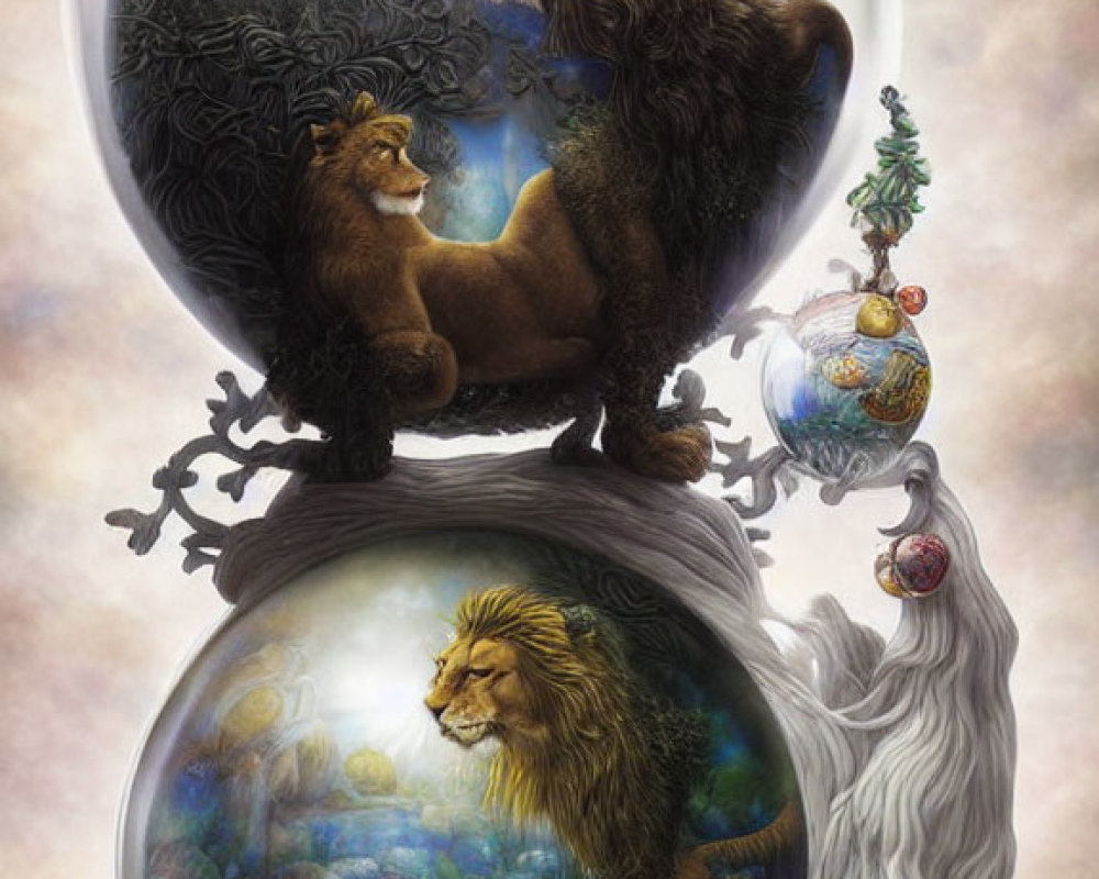 Illustration of two lions in celestial spheres with intricate foliage and ghostly mane