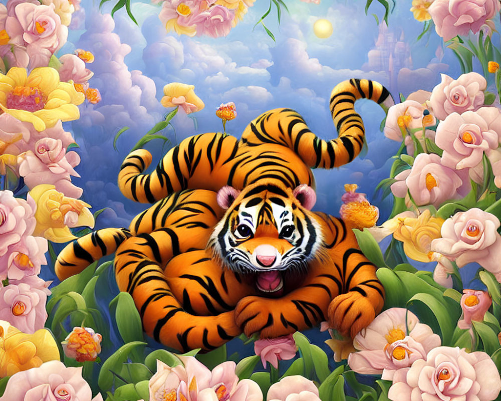 Colorful illustration of smiling tiger in floral setting with castle and gardens.