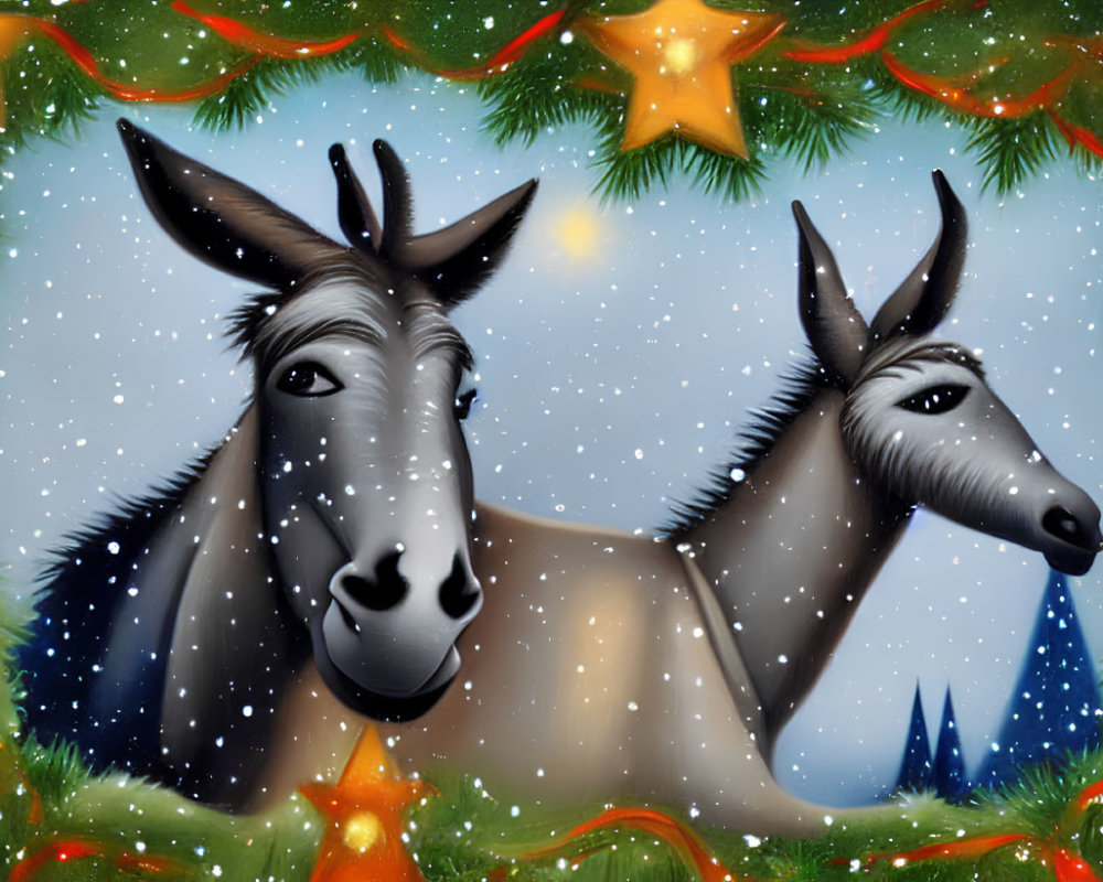 Cartoon donkeys in festive winter scene with garlands and snow