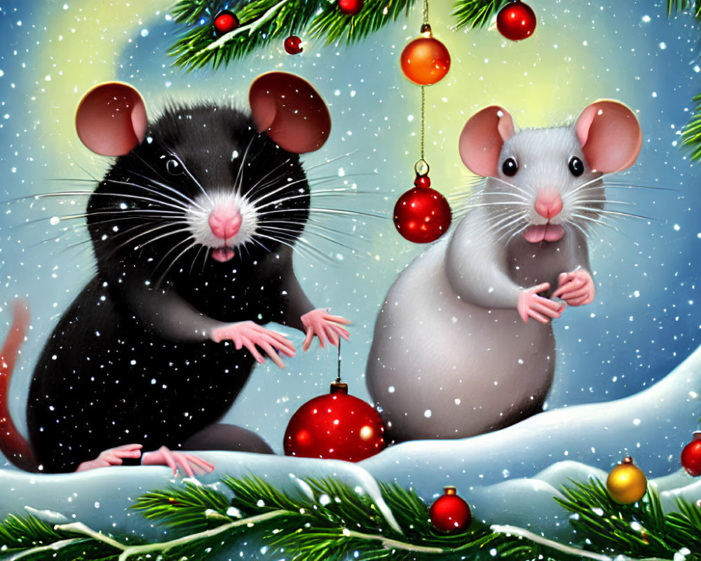 Illustrated black and white mice in snowy scene with red baubles and green pine needles