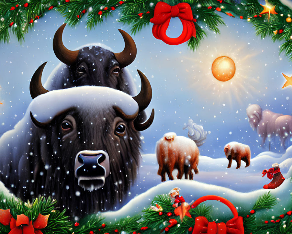 Festive Christmas illustration with bison, Santa, and winter scene