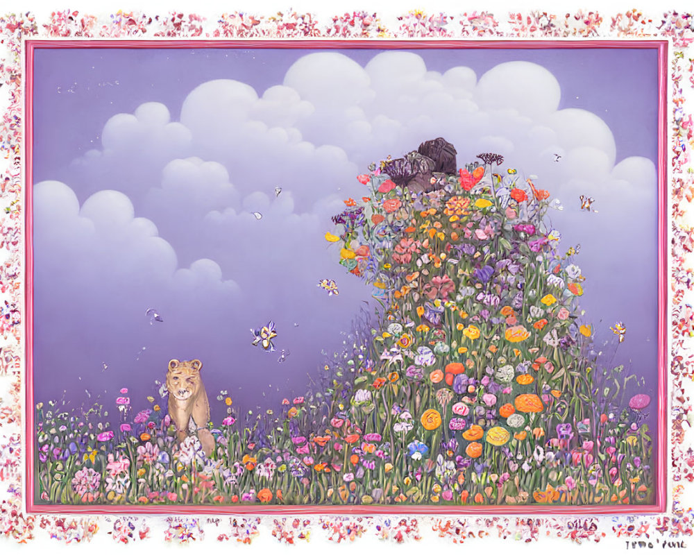 Vibrant flower field illustration with hidden lion, butterflies, and purple sky