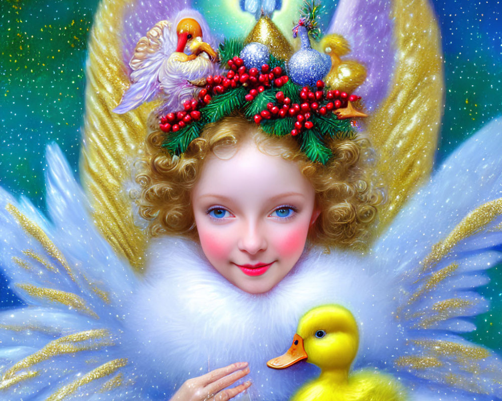 Child with angelic wings holding duck in celestial setting