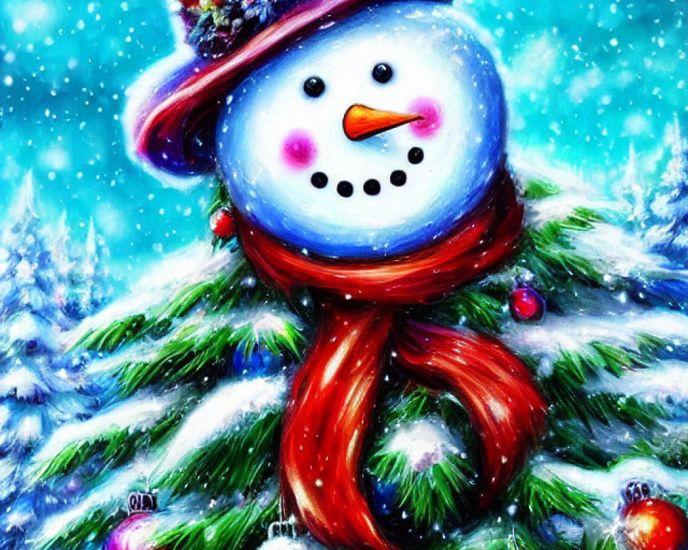 Colorful Snowman with Tall Hat and Red Scarf in Christmas Tree Scene