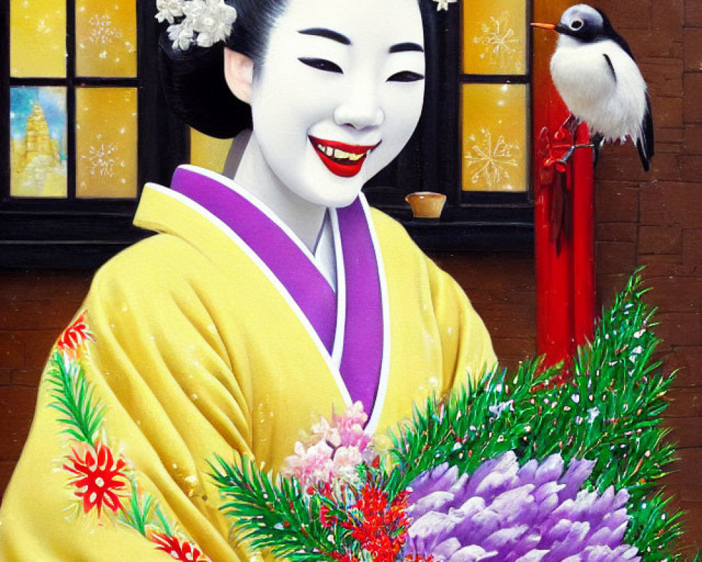 Traditional Japanese woman in kimono with floral hair ornaments holding bouquet, bird on shoulder, window background