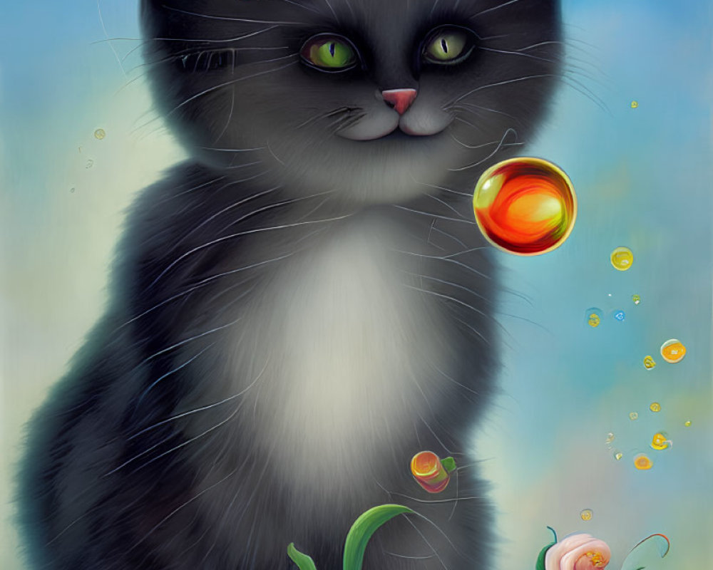 Colorful Cat Painting with Multicolored Eyes and Flowers