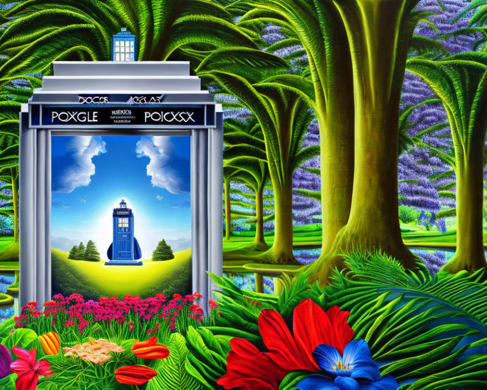 Colorful surreal landscape with whimsical trees and a blue police box in serene meadow