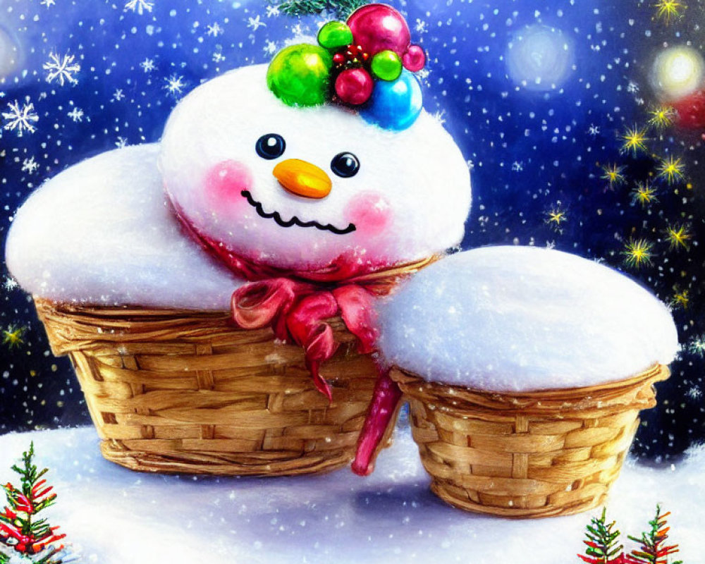 Colorful Hat Snowman in Wicker Basket with Snowflakes & Trees