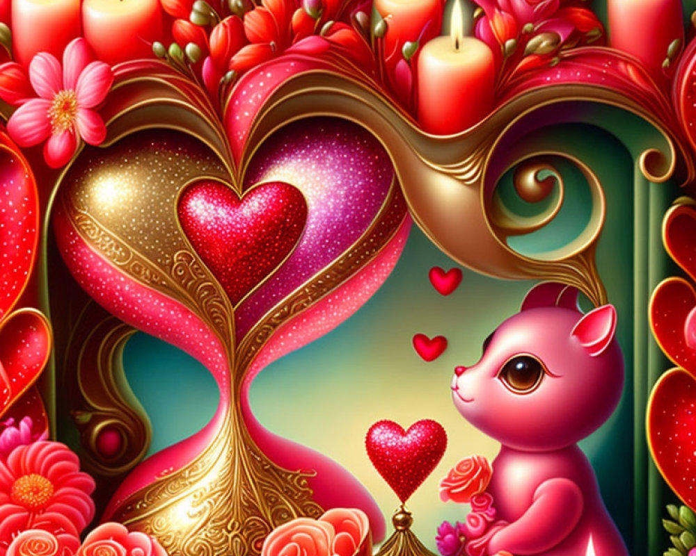 Colorful Romantic Fantasy Illustration with Hearts, Flowers, Cat Figure, and Candles