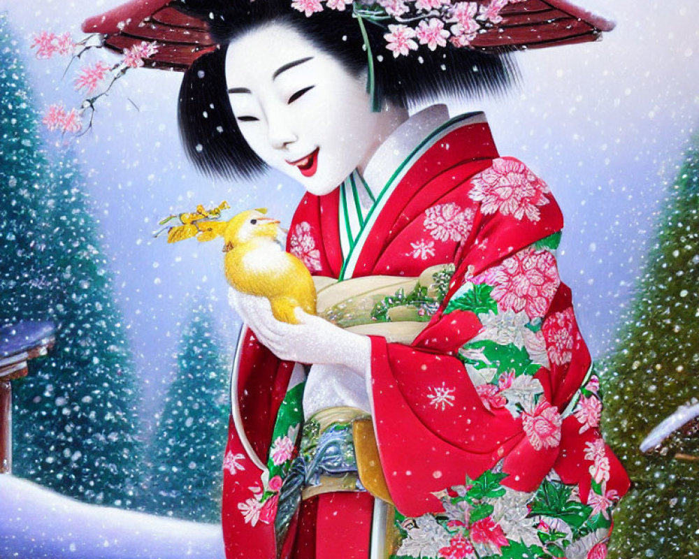 Illustration of smiling woman in red kimono with yellow bird in snowy cherry blossom scene