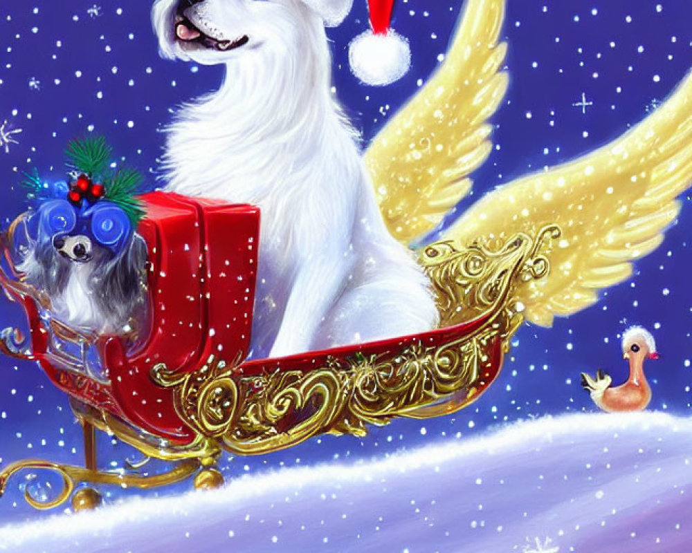 White Dog in Santa Hat Riding Winged Sleigh in Starry Night Sky