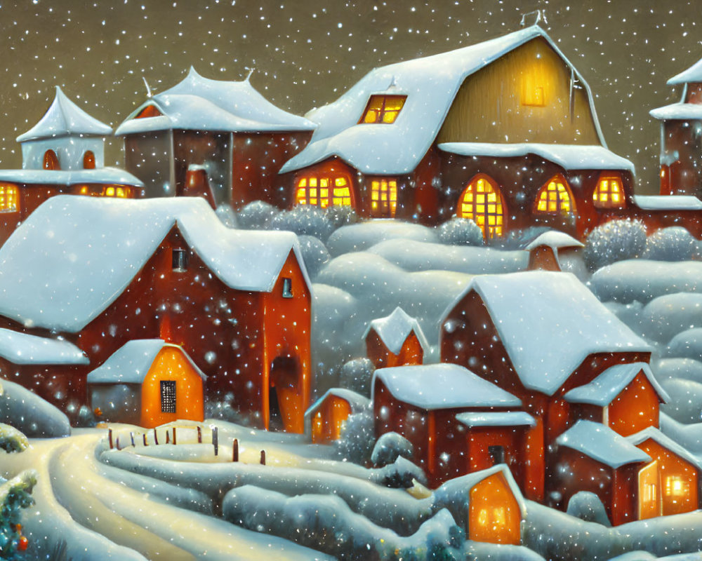 Snowy village at night with cozy, lit-up houses and heavy snowfall