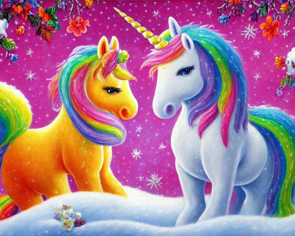 Colorful unicorns with rainbow manes in frosty landscape with falling snowflakes