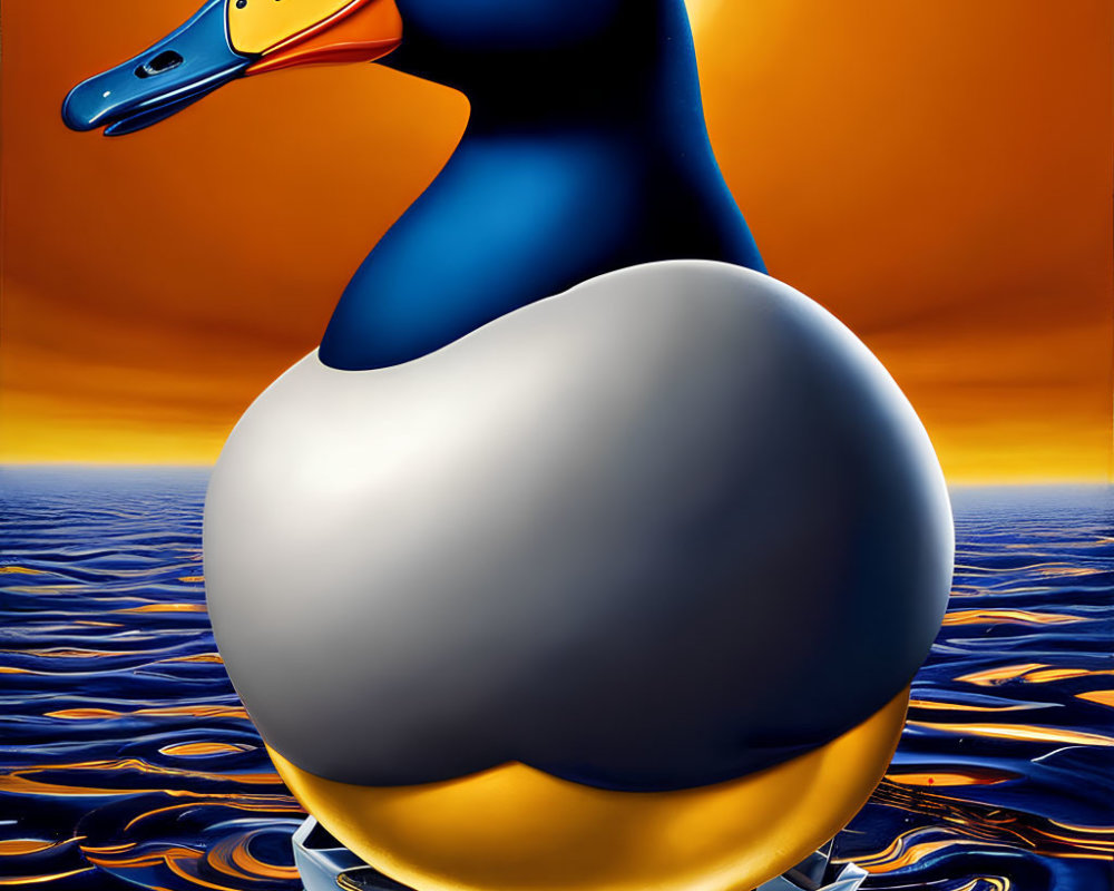 Surreal duck with rounded body on water in deep blue and gold color scheme