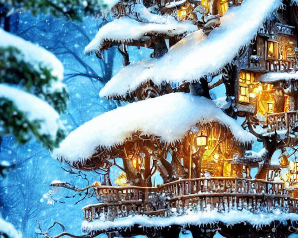 Snow-covered multi-level treehouse illuminated by warm lights in serene winter landscape