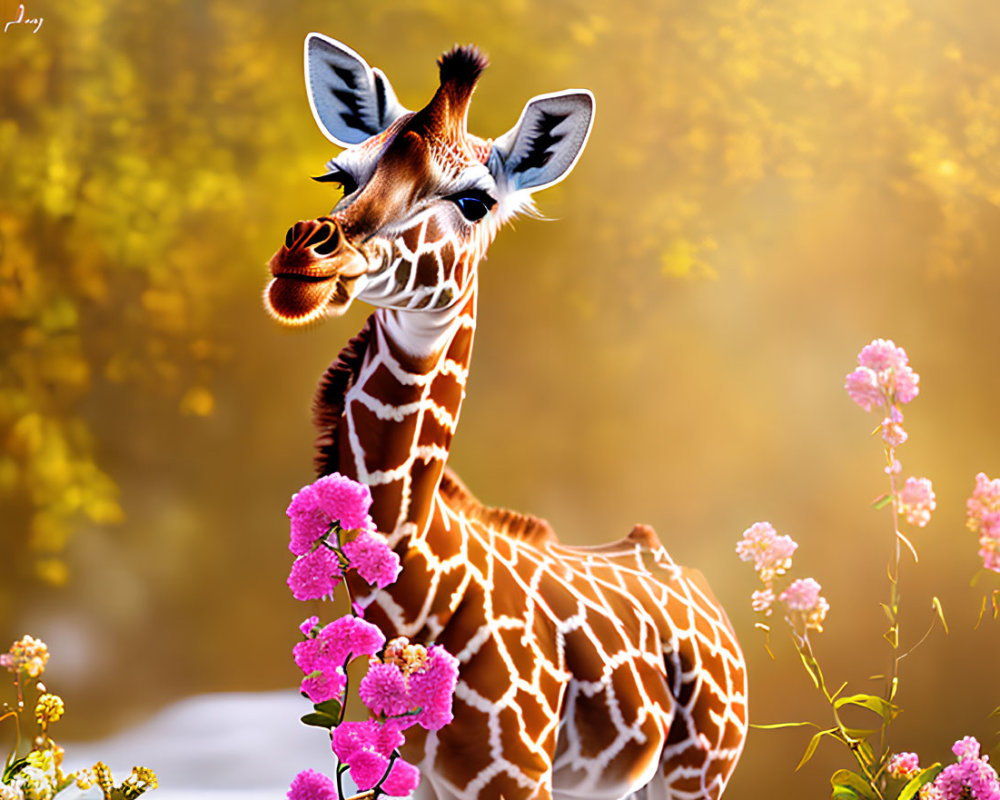 Giraffe in Pink Flower Setting with Bokeh Background