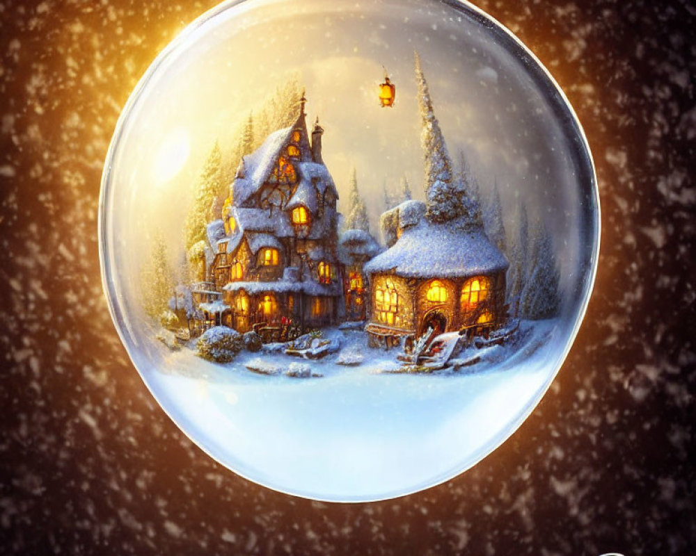 Snow-covered cottage in snow globe surrounded by wintry forest