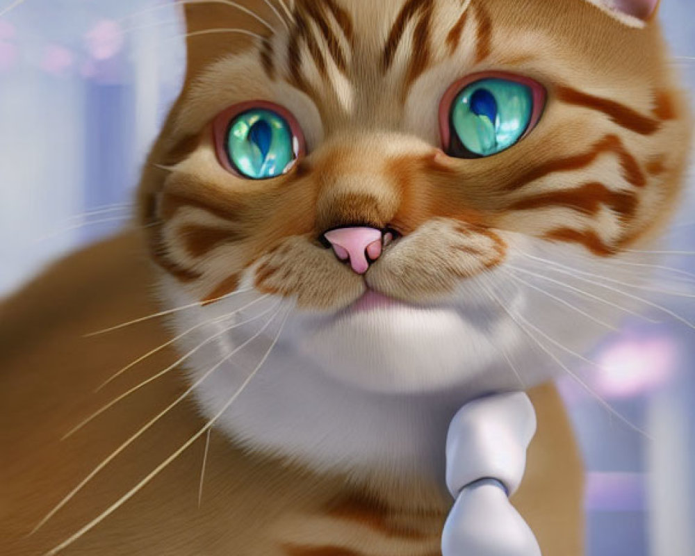 Orange Tabby Cat with Blue Eyes Holding White Object in Soft Blue and Pink Background