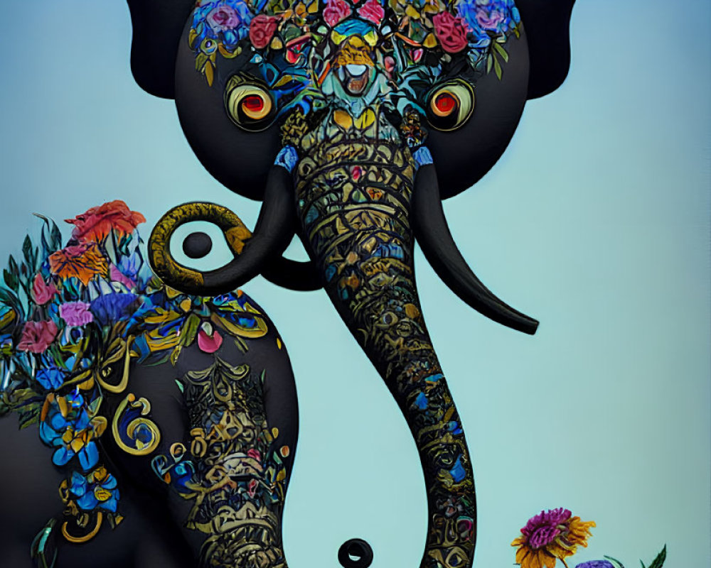 Stylized elephant with floral patterns on blue background