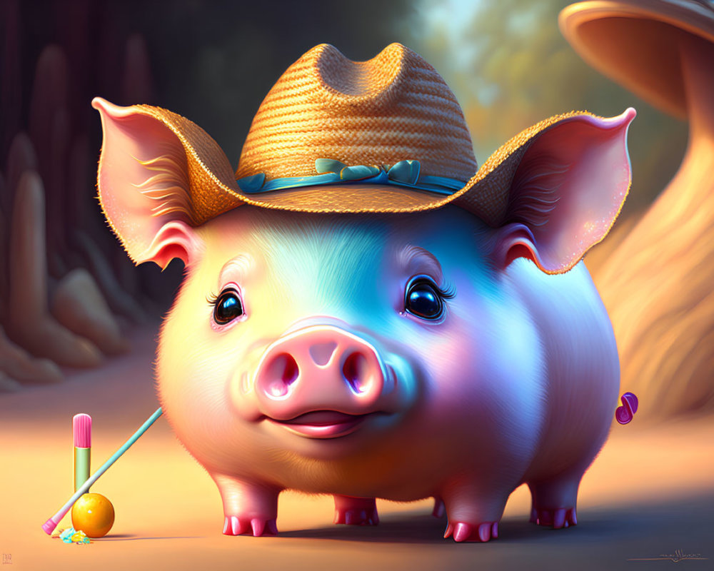 Smiling pig with straw hat playing croquet in warm setting