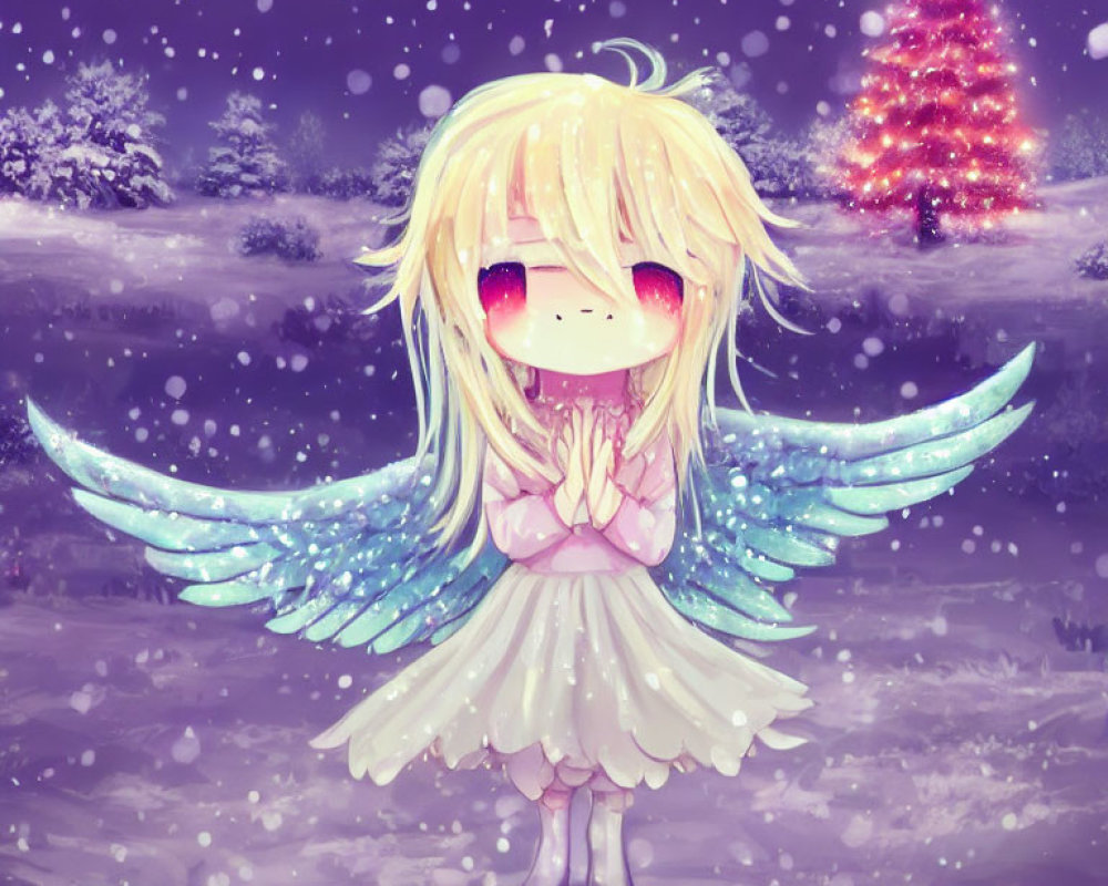 Blonde angel with blue wings in snowy scene with Christmas tree