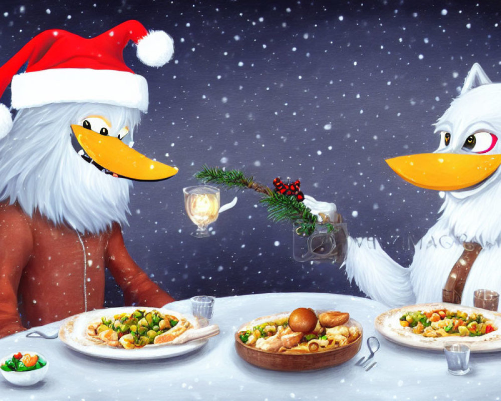 Anthropomorphic birds in festive attire eating outdoors in the snow