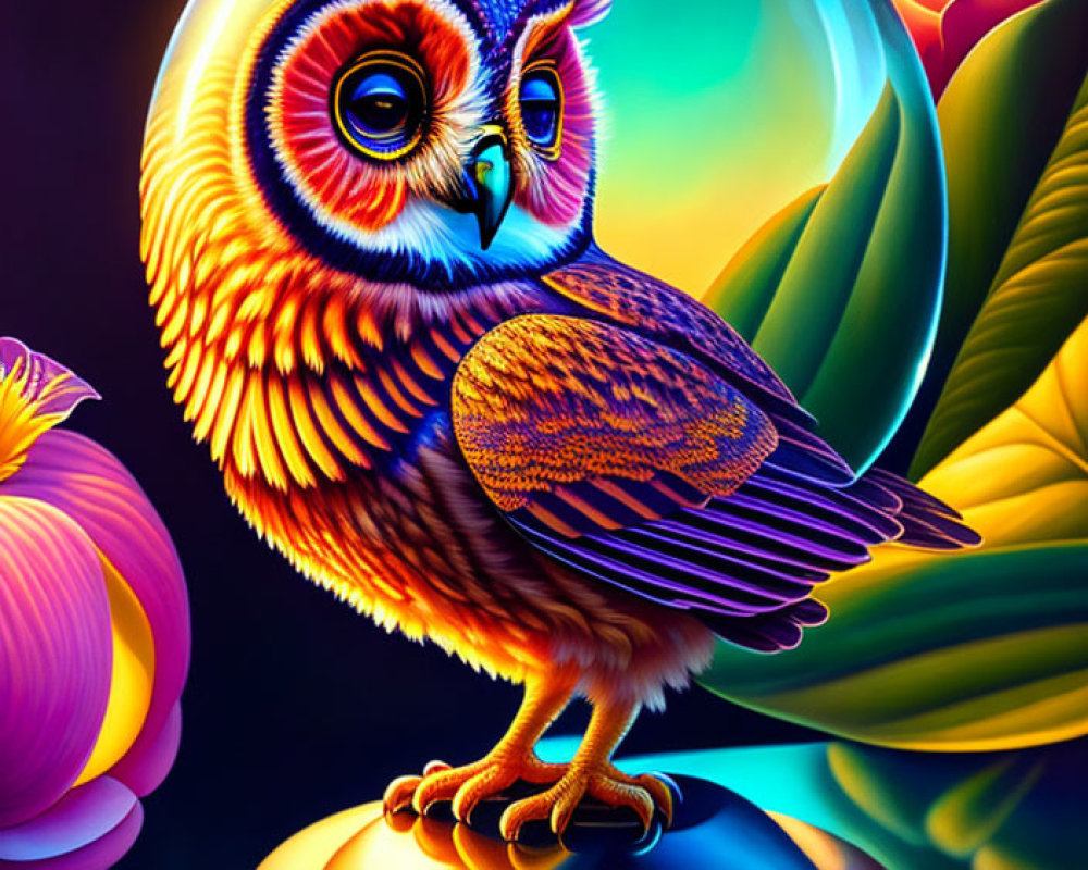 Vibrant digital artwork: Owl on stand with flowers and luminous bubble