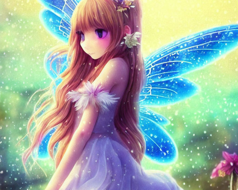 Fantasy illustration of girl with butterfly wings in flower field