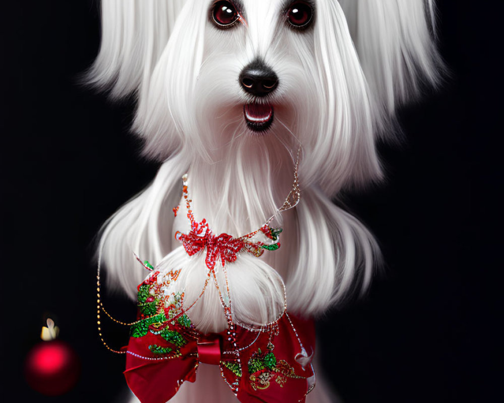 Fluffy white dog in Santa hat with Christmas gifts on dark background