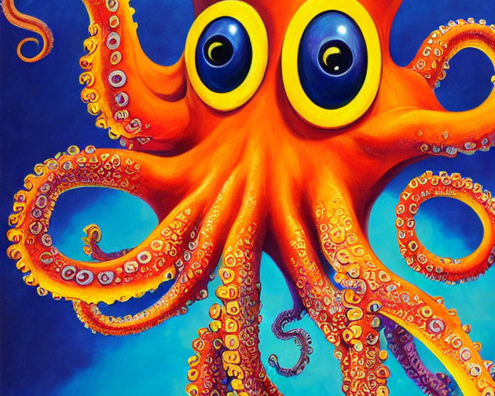 Colorful painting of orange octopus with yellow eyes and detailed tentacles on blue background