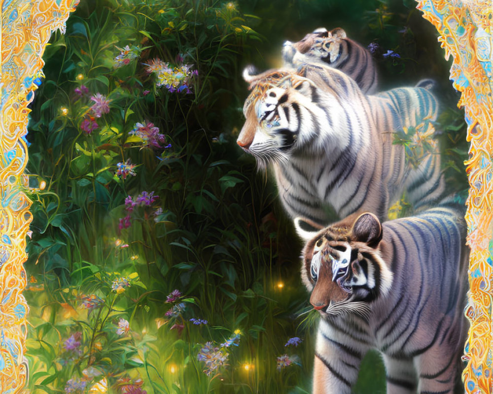 Three tigers in lush floral environment with ornate frame - mystical and majestic.