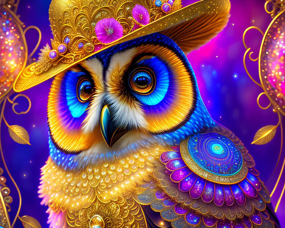 Colorful Owl Illustration with Golden Hat in Starry Background