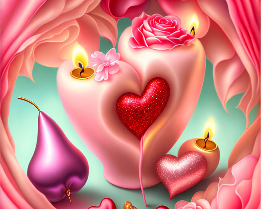 Romantic composition with heart-shaped candles, lollipop, roses, crown, and silk pear in pink