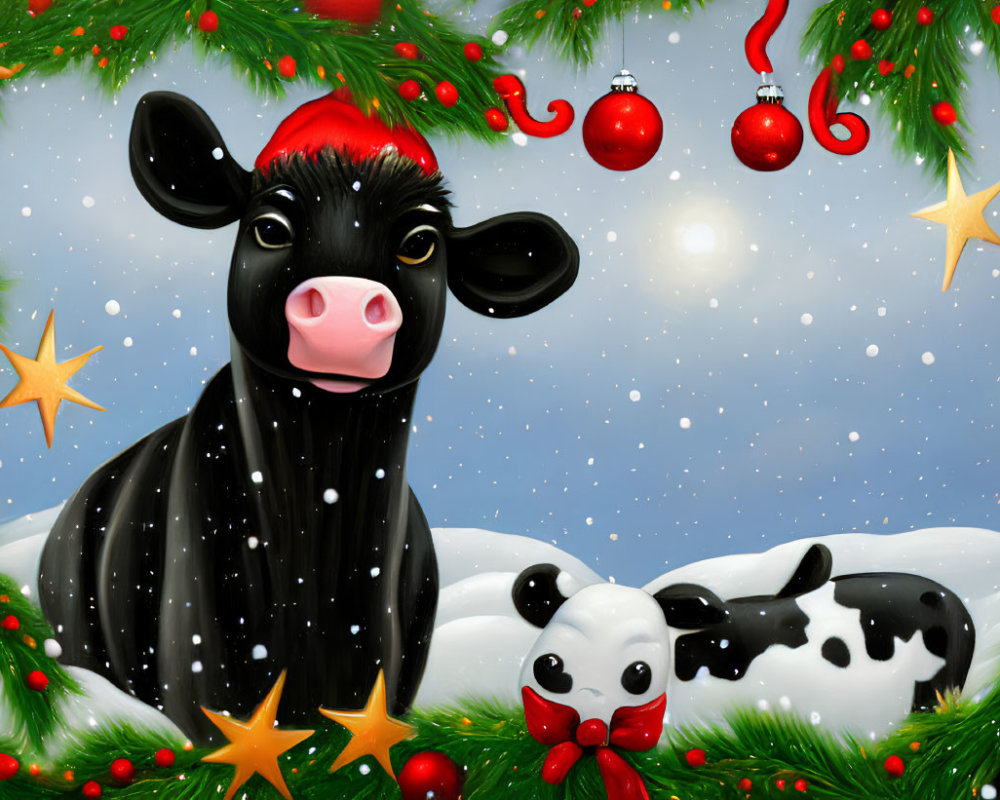 Festive black and white cow with calf in snow, surrounded by Christmas wreath with red ornaments