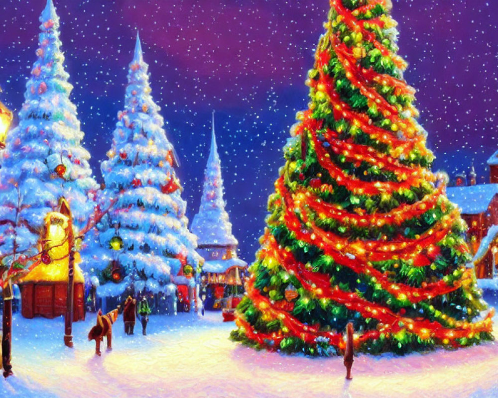 Snowy town square with illuminated Christmas tree and festive decorations