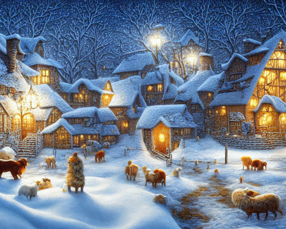 Snow-covered village with thatched cottages, street lamps, sheep, and dog at night