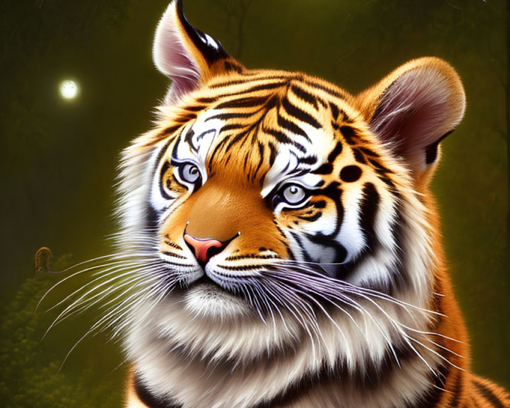 Digital artwork of a tiger in mystical forest with glowing orbs