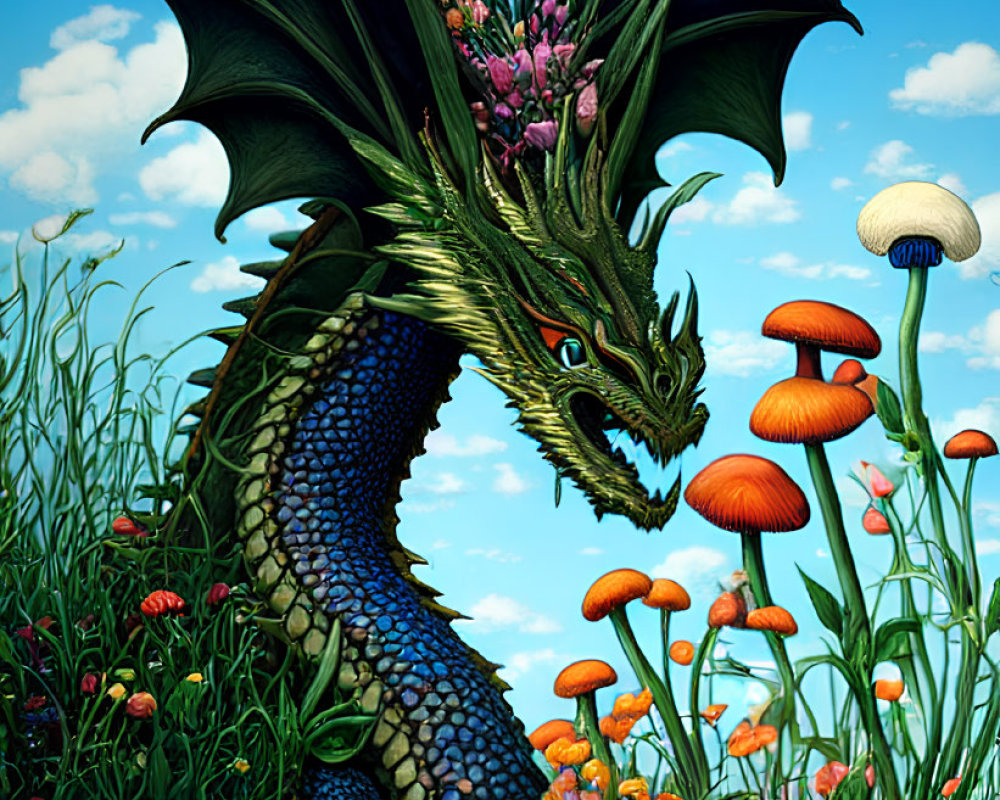 Colorful Green Dragon Surrounded by Mushrooms and Flowers