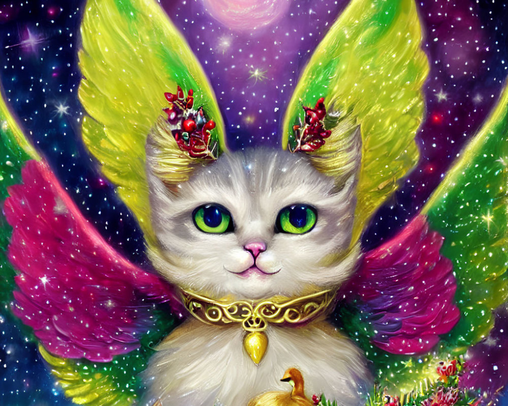 White Kitten with Colorful Butterfly Wings in Cosmic Setting