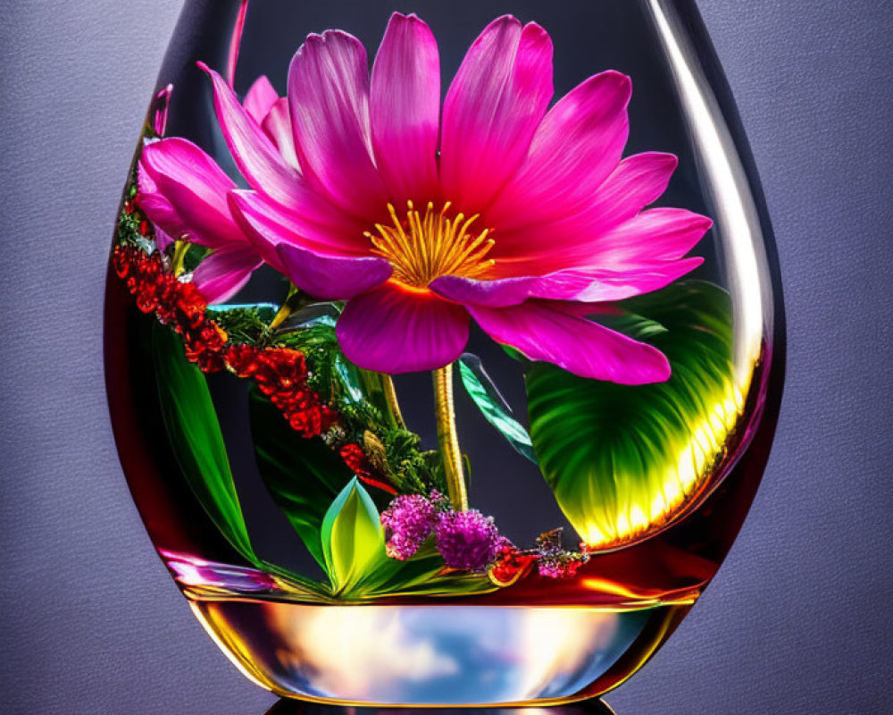 Vibrant pink flower in clear glass with yellow center, green leaves, red berries, purple backdrop