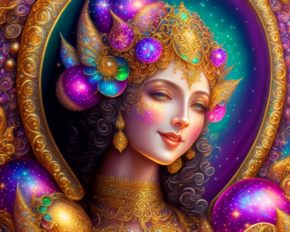 Cosmic-themed digital art portrait of a woman with golden jewelry and vibrant purple and blue hues