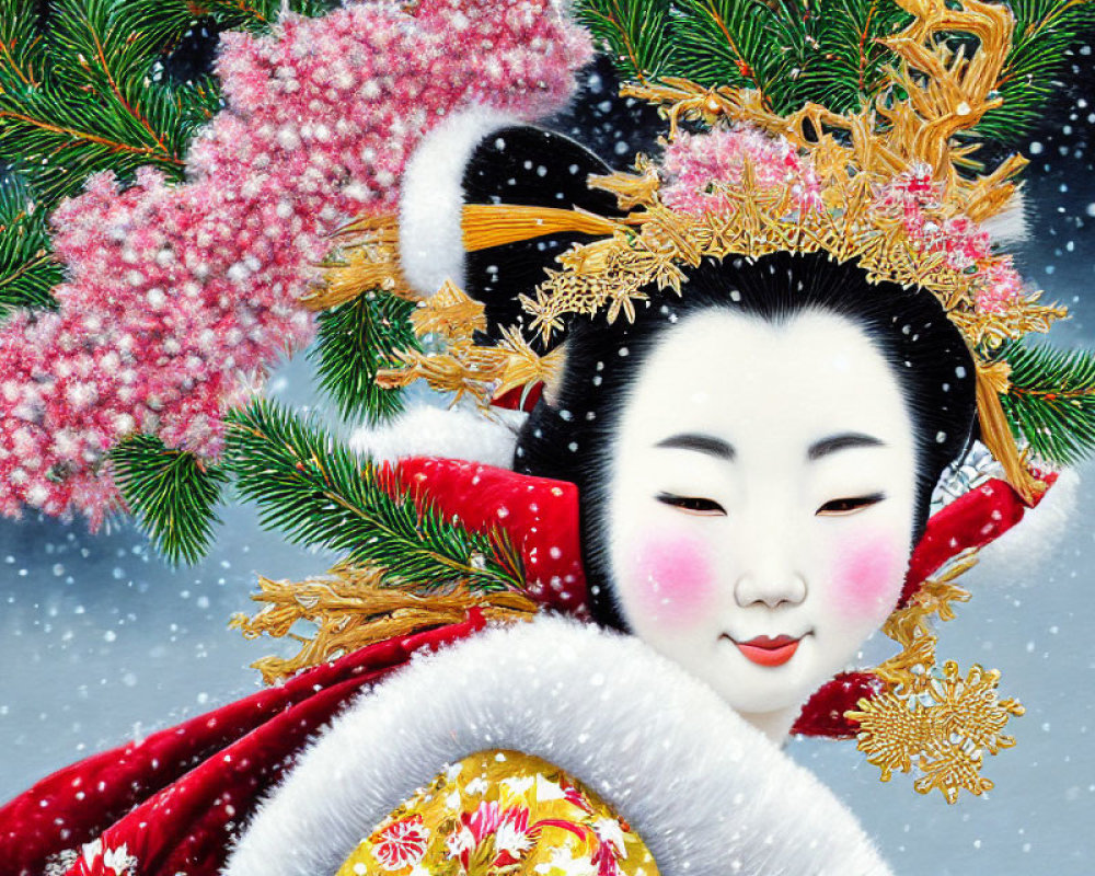 Geisha painting: Elaborate hair ornaments, red and white kimono, snowfall, pink