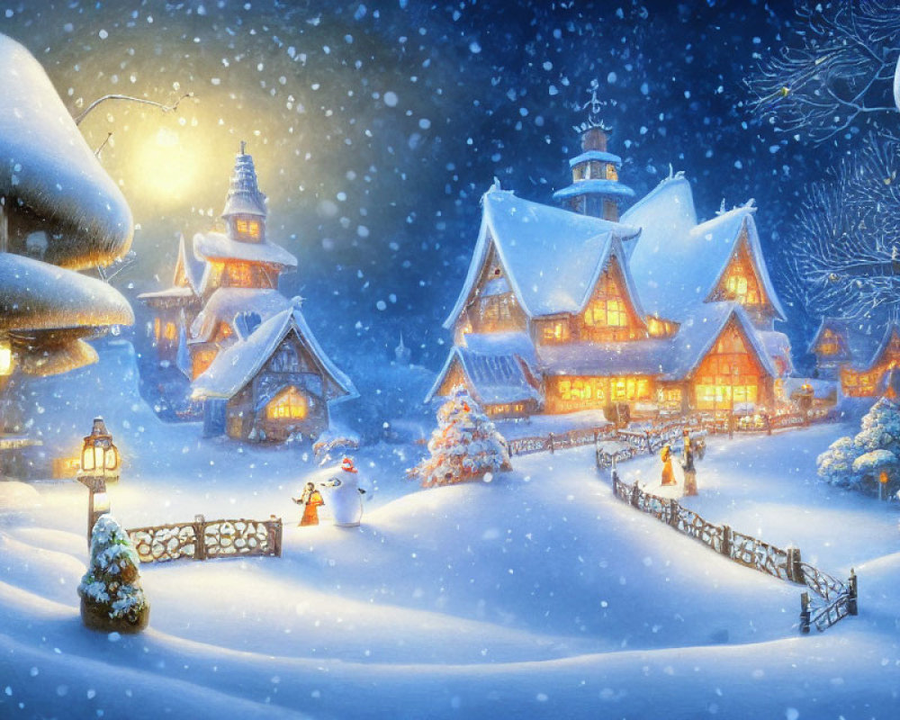 Snowy village scene: illuminated houses, snowman, gentle snowfall