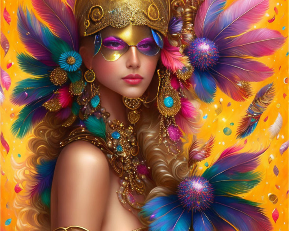 Woman in golden masquerade mask and headdress with feathers and jewels on warm background