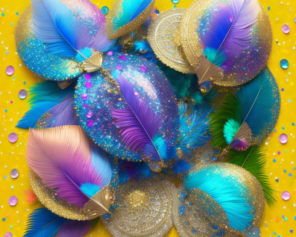 Vibrant Feathers and Glittering Sequins on Yellow Background