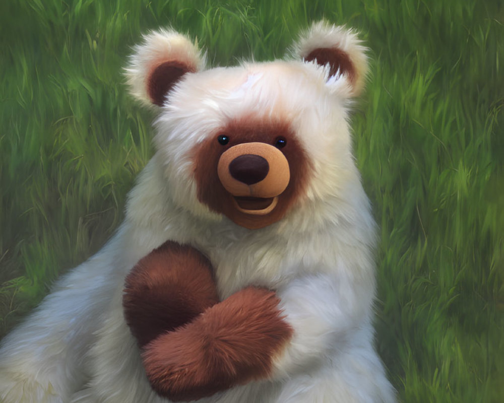 Fluffy white teddy bear with heart patch in green grass